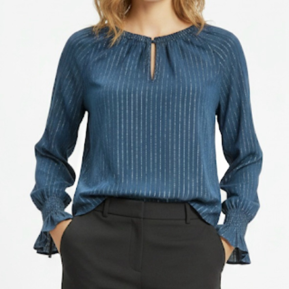 WHBM Top Blue Silver Metallic Striped Long Sleeve Blouse XS Smocked Cuff Party